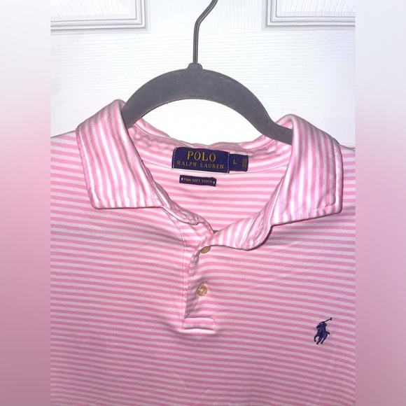 Polo Ralph Lauren Mens Pink White Stripe Polo Shirt, Large - Picture 3 of 3